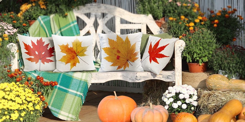 All Smiles Fall Throw Pillow Covers 18x18 Set of 4 Decorative Thanksgiving Autumn Kitchen Home Decor Cushion for Porch Couch Outside Outdoor Harvest Decorations Maple Leaves - Image 2